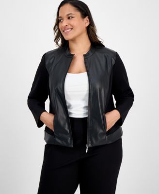 AK Anne Klein - Plus Size Mixed-Media Zip-Front Jacket