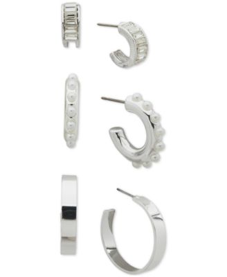 Anne Klein - Silver-Tone 3-Pc. Set Baguette Crystal & Imitation Pearl C-Hoop Earrings