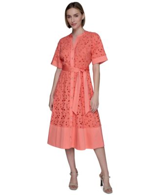 KARL LAGERFELD PARIS - Petite Cotton Button-Front Eyelet Dress