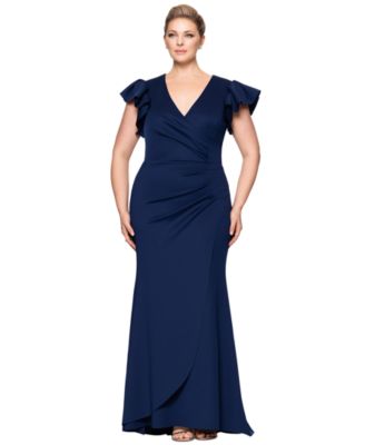 XSCAPE - Plus Size Gathered-Waist Flutter-Sleeve Evening Gown