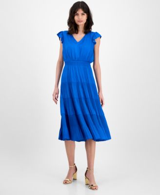 T Tahari - Women's Tiered V-Neck Flutter-Sleeve Midi Dress