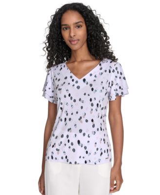 Calvin Klein - Petite Printed Flutter-Sleeve Top