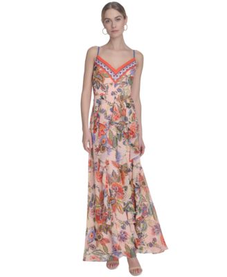 Eliza J - Women's Printed V-Neck Ruffe-Trim Maxi Dress