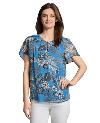 Jones New York - Women's Printed Pleated-Shoulder Tie-Front Top