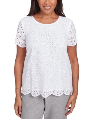 Alfred Dunner - Petite Cotton Eyelet Scalloped Short-Sleeve Top