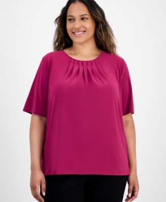 Kasper - Plus Size Elbow-Sleeve Pleated-Neck Top
