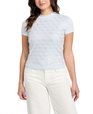 GUESS - Women's Rhinestone-Logo Mock-Neck Short-Sleeve Top