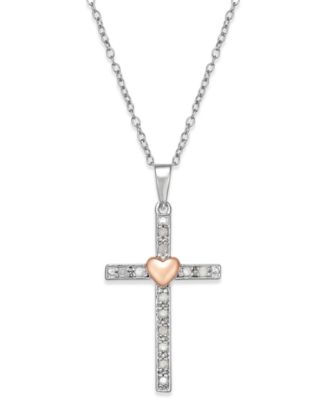 Macy's - Diamond Two-Tone Cross Pendant Necklace (1/10 ct. t.w.) in Sterling Silver with 18k Rose Gold-Plated Sterling Silver Accent