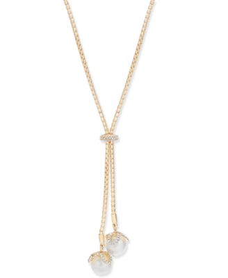 Charter Club - Pav&eacute; & Imitation Pearl Lariat Necklace, 36" + 2" extender
